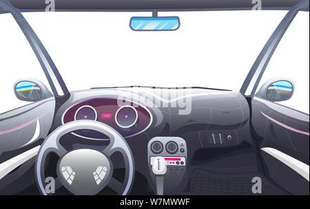 Vehicle salon, inside car driver view with rudder, dashboard and