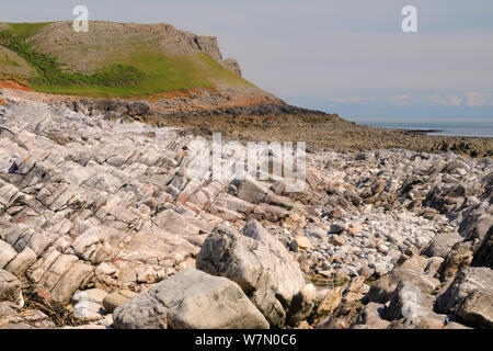 Limestone rocks, boulders and rockpool exposed at low tide with steep eroded cliffs above, near Rhossili, The Gower peninsula, Wales, UK, July. Sequence 1 of 2, matching view with different tides Stock Photo