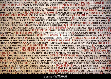 Prague Czech Republic. The names of the victims of the Holocaust (Shoah) written on the walls of the Pinkas Synagogue Stock Photo