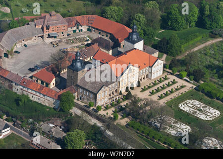 Aerial view of Castle Hundisburg with baroque garden. Haldensleben, Althaldensleben, Boerde, Saxony-Anhalt, Germany, May 2012. Stock Photo