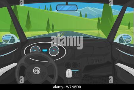 Vehicle salon, Driver view. Dashboard control in a smart car. Virtual control or auto piloted simulation. Traffic on a landscape road. Background for Stock Vector