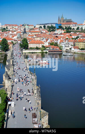 Prague Czech Republic. Aerial view of the castle (hrad), Vltava river and Charles Bridge Stock Photo