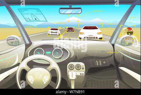 Vehicle salon, Driver view. Dashboard control in a smart car. Virtual control or auto piloted simulation. Traffic on a landscape road. Background for Stock Vector