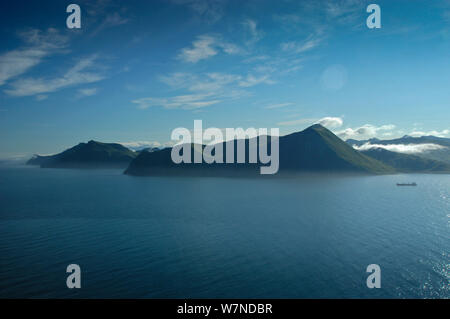 Aerial view of Aleutian Islands coastline, Dutch Harbour, Unalaska, USA, August 2005 Stock Photo