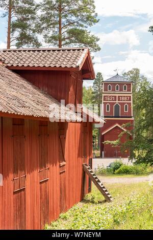 Red barn at historic mining site in Sweden Stock Photo