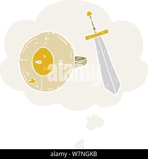 cartoon shield and sword with thought bubble in retro style Stock Vector