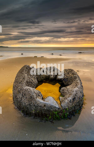 Moeraki Boulder / Kaihinaki, on Koekohe Beach. 60 Million year old mudstone concretions. Moeraki, Waitaki District, Otago Region, South Island, New Zealand. January, 2012. Taken with Blue-n-Gold Polariser. Stock Photo