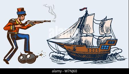 Vintage military man with a bomb and a gun. Sailboat in the sea, The concept of war in history. Hand drawn engraved sketch in vintage style. Template Stock Vector
