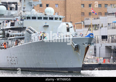 HMS Westminster, Royal Navy Type 23 Frigate, South Quay, London, UK, 06 August 2019, Photo by Richard Goldschmidt Stock Photo