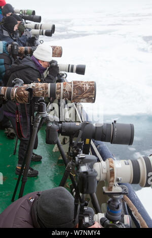 Row of cameras on deck of ship ready to photograph Polar bear, Svalbard, Norway, September 2009 Stock Photo
