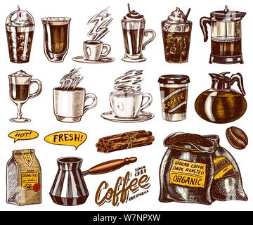 Set of cups of coffee in vintage style. Take away espresso and latte, mocha and Americano, Cappuccino and Glace, frappe in a glass. Hand drawn Stock Vector