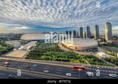 Aerial view of the Tianjin Olympic Center Stadium in Tianjin, China, 25 July 2017.   The Tianjin Olympic Center Stadium made full preparation for the Stock Photo