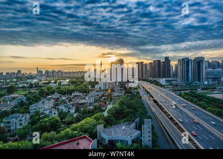 Aerial view of the Tianjin Olympic Center Stadium in Tianjin, China, 25 July 2017.   The Tianjin Olympic Center Stadium made full preparation for the Stock Photo