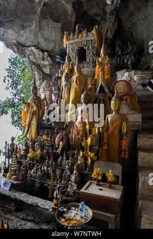 Hundreds of old and faded Buddha statues inside the Tham Ting Cave at the famous Pak Ou Caves near Luang Prabang in Laos. Stock Photo