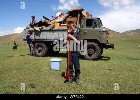 transportation of a disassembled ger by a truck in the center of Mongolia Stock Photo