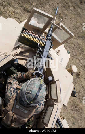 A U.S. Marine with Marine Rotational Force-Europe 19.2, Marine Forces Europe and Africa, fires an M2A1 .50 caliber heavy machine gun mounted on a Humvee while conducting a mechanized range during exercise Agile Spirit 2019 in Orpholo, Georgia, August 4, 2019. AgS19 is a joint, multinational exercise that enhances U.S., Georgian, allied and partner forces lethality, interoperability and readiness in a realistic training environment. (U.S. Marine Corps photo by Lance Cpl. Larisa Chavez) Stock Photo