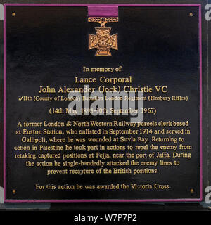 Memorial plaque to Lance Corporal John Alexander (Jock) Christie VC, at Euston Station, detailing the exploit that lead to the award