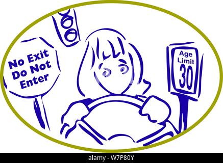 Girl driving past  traffic signs related sarcastically to age and birthdays and not driving Stock Vector