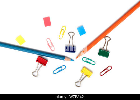 Simply Office or School Set with Clamp, Pencil, Sticker, Clip isolated on white Background Stock Photo