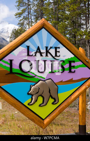 Lake Louise sign, Lake Louise, Banff-Jasper National Parks, Alberta, Canada, 2007 Stock Photo
