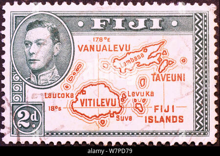 Map of Fiji Islands on old postage stamp Stock Photo