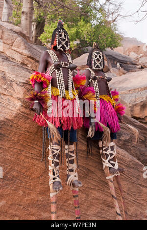 Traditional masked Ceremonial Dogon Dancers near Sangha, Bandiagara escarpment, Dogon Country, Mali, 2006 Stock Photo