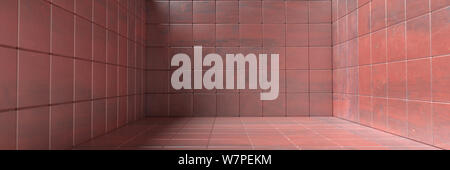 Empty room, floor and walls tiled pattern, Metal red color background texture, banner. 3d illustration Stock Photo