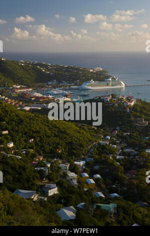 Elevated view in evening over Charlotte Amalie and the Cruise Ship dock at Havensight, St Thomas, US Virgin Islands, Leeward Islands, Lesser Antilles, Caribbean, West Indies 2008 Stock Photo