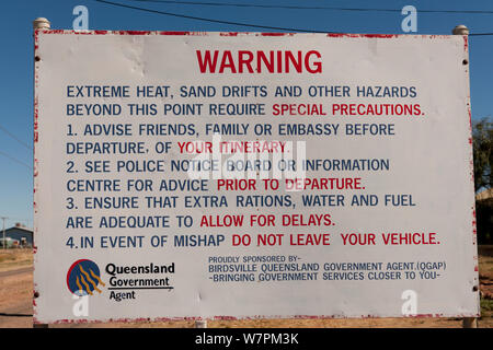 Queensland Government Warning for travelers going to the Simpson Desert, Queensland, Australia Stock Photo