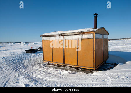 Wooden cabins on sledges provide shelter for changing and drying of equipment, Arctic circle Dive Center, White Sea, Karelia, Northern Russia, March 2010 Stock Photo