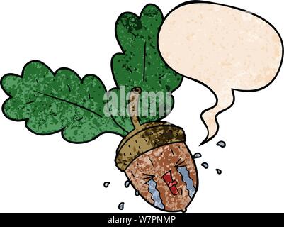 cartoon crying acorn with speech bubble in retro texture style Stock Vector