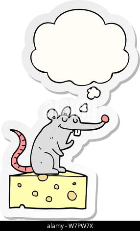 cartoon mouse sitting on cheese with thought bubble as a printed sticker Stock Vector