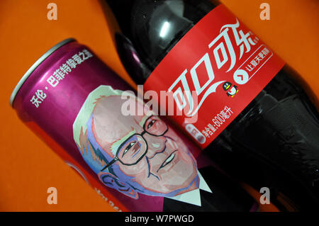 A can of Cherry Coca-Cola with a portrait of Warren Buffett, Chairman and CEO of Berkshire Hathaway, is pictured on the shelf with other soft drinks a Stock Photo