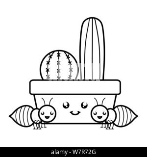 cactu in ceramic pot and ants kawaii style vector illustration design Stock Vector