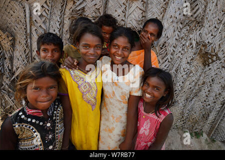 Children in Tongal village, Pulicat Lake, Tamil Nadu, India, January 2013. Stock Photo