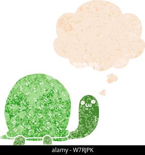 cute cartoon turtle with thought bubble in grunge distressed retro textured style Stock Vector