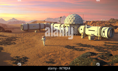 Mars base with astronauts, research habitat on the surface of the red planet Stock Photo