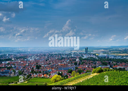 Germany, Fellbach city houses and roofs from above kappelberg vineyards in summer while rain going down over the city centre Stock Photo