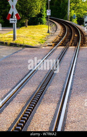 Stuttgart, Rack railway tracks for famous car called zacke driving from degerloch to marienplatz in downtown Stock Photo