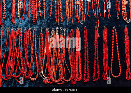 Necklaces made from Mediterranean Red coral (Corallium rubrum), Vulnerable (IUCN), Village of Komisa, Vis Island, Croatia, Adriatic Sea, Mediterranean Stock Photo