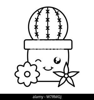 cactu and flowers in ceramic pot kawaii vector illustration design Stock Vector