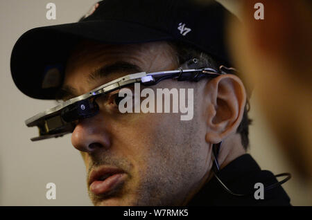 Canadian inventor Steve Mann, known as 'The Father of Wearable Computing', shows the wearable smart glass he invented before the 2017 Silicon Valley I Stock Photo