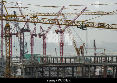 View of the construction site of world's longest cross-sea bridge, the Hong Kong-Zhuhai-Macao Bridge, in Zhuhai city, south China's Guangdong province Stock Photo