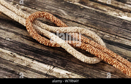 Tied ropes standing on wooden background. 3D illustration. Stock Photo