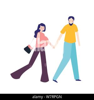 Young family expecting child pregnant woman and husband . man holding his wife walking together. vector Stock Vector