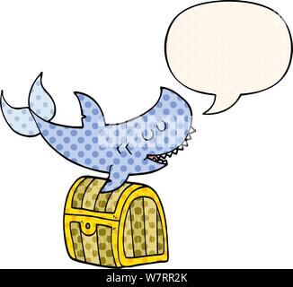 cartoon shark swimming over treasure chest with speech bubble in comic book style Stock Vector