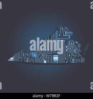 Contour map of Virginia with a technological electronics circuit. USA state. Blue background. Stock Vector