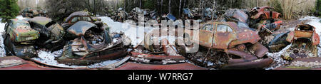 Panoramic of abandoned cars in a 'car graveyard', Bastnas, Sweden. April Stock Photo