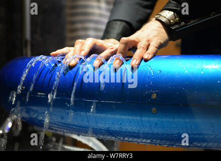 Canadian inventor Steve Mann, known as 'The Father of Wearable Computing', performs instruments he built out of water before the 2017 Silicon Valley I Stock Photo