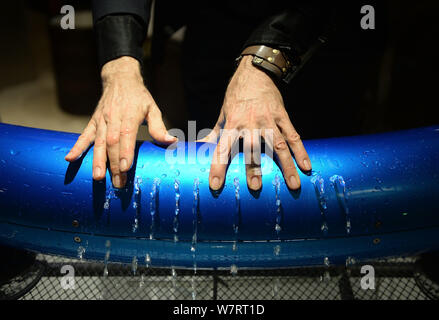 Canadian inventor Steve Mann, known as 'The Father of Wearable Computing', performs instruments he built out of water before the 2017 Silicon Valley I Stock Photo